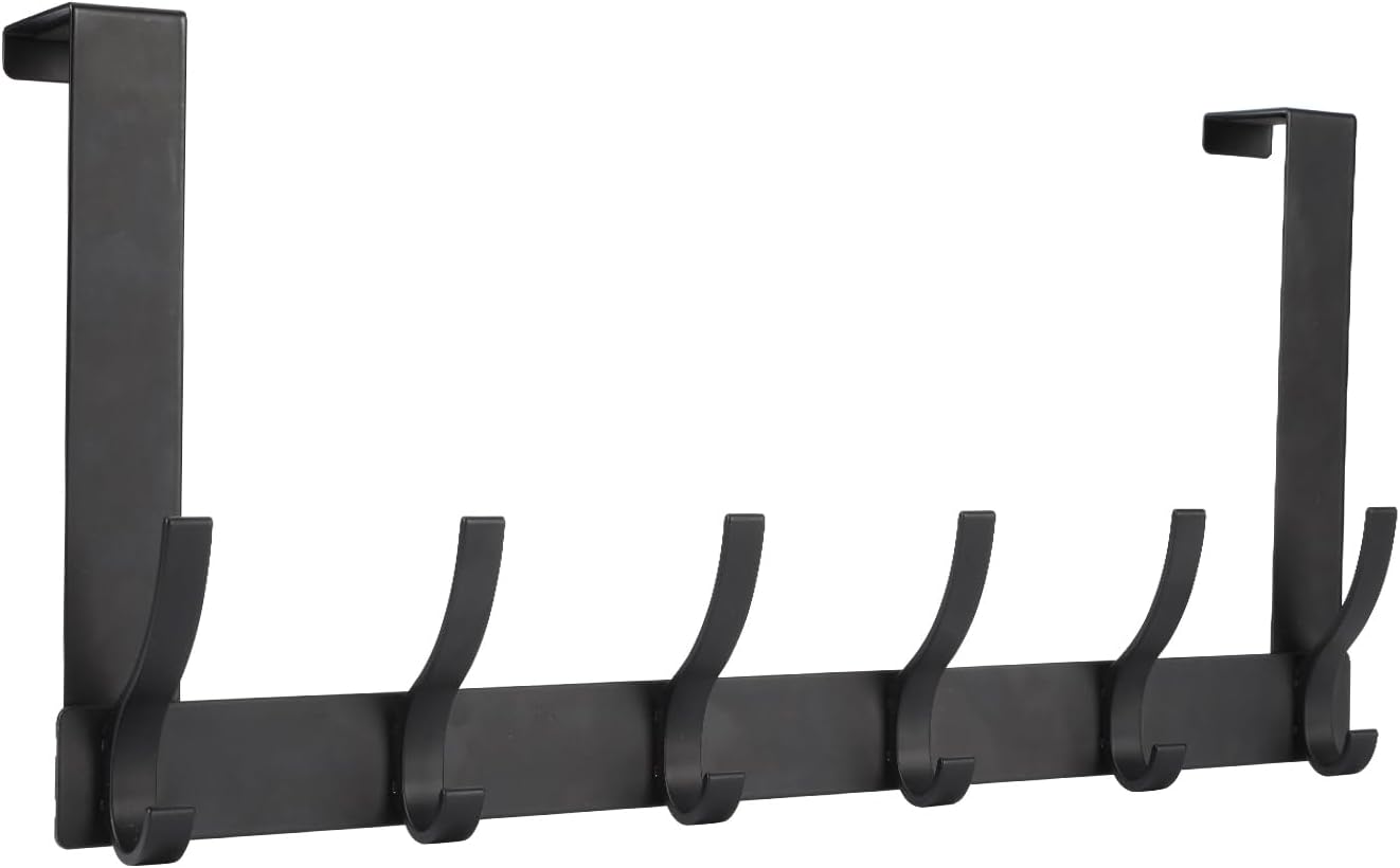 Over-the-Door Hooks, Door Hanger Hooks for Hanging, Towel Racks for Bathroom with 12 Coat Hooks, Coat Rack, College Dorm Essentials (1-Pack, Black)