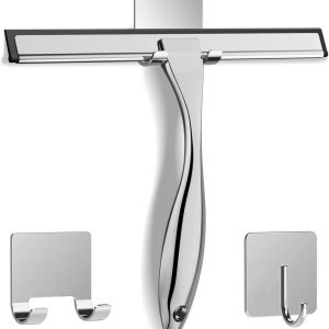 All-Purpose Stainless Steel Shower Squeegee for Glass Doors with 2 Adhesive Hooks, Bathroom Cleaner Tool for Windows, Mirrors, Tile Walls, Cars, 10-Inch Silver