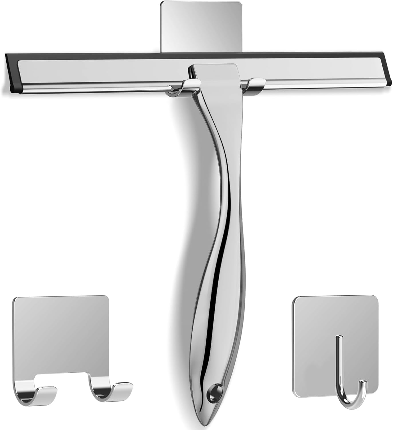 All-Purpose Stainless Steel Shower Squeegee for Glass Doors with 2 Adhesive Hooks, Bathroom Cleaner Tool for Windows, Mirrors, Tile Walls, Cars, 10-Inch Silver