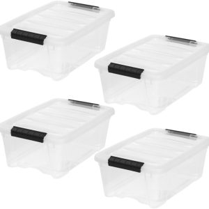 4-Pack Storage Bins with Lids, 13 Quart, Stackable See-Through Organizers with Latches, Durable Nestable Containers with Secure Pull Handle, BPA-Free Plastic