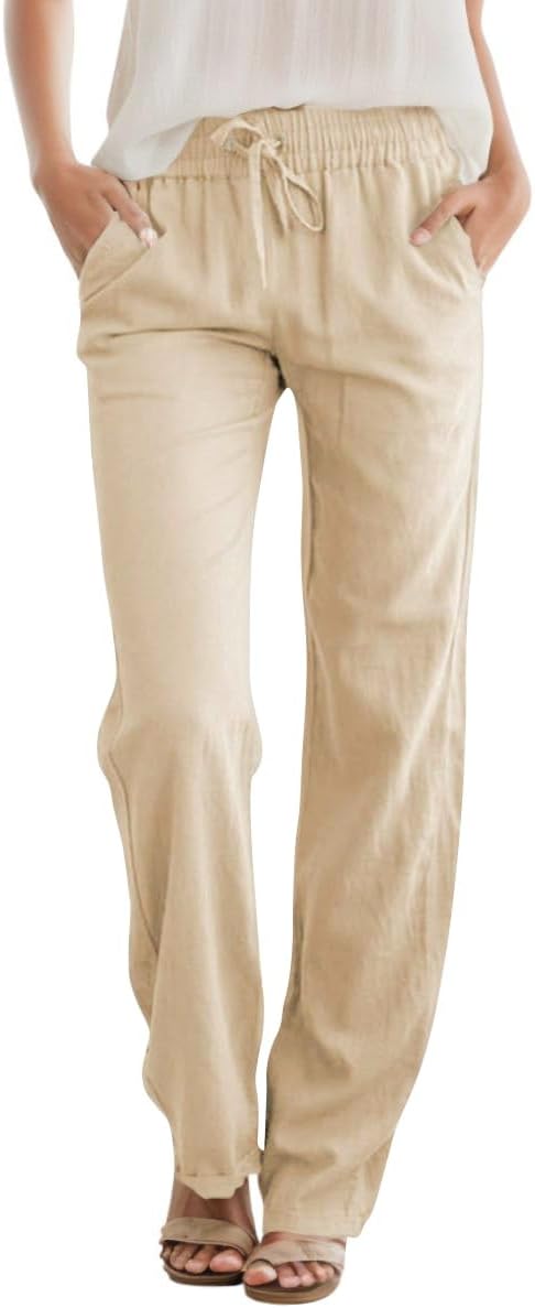 51YyMc4U8L._AC_SL1200_.jpg Women Casual Linen High Waist Pants Drawstring Loose Fit Summer Pants Trousers with Side Pockets - Image 1