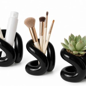 Ceramic Makeup Brush Holder, Handmade Minimalist Style, for Bathroom Vanity and Countertop Decor (Black)