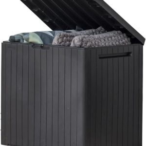 30 Gallon Resin Outdoor Storage Box and Patio Side Table, for Pool and Garden Accessories, Dark Grey