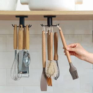 Under-Cabinet Kitchen Utensil Hooks, 2-Pack 360掳 Rotating Adhesive Utensils Hanging Rack, No-Drill for Tools, Towel, Knife (Black)