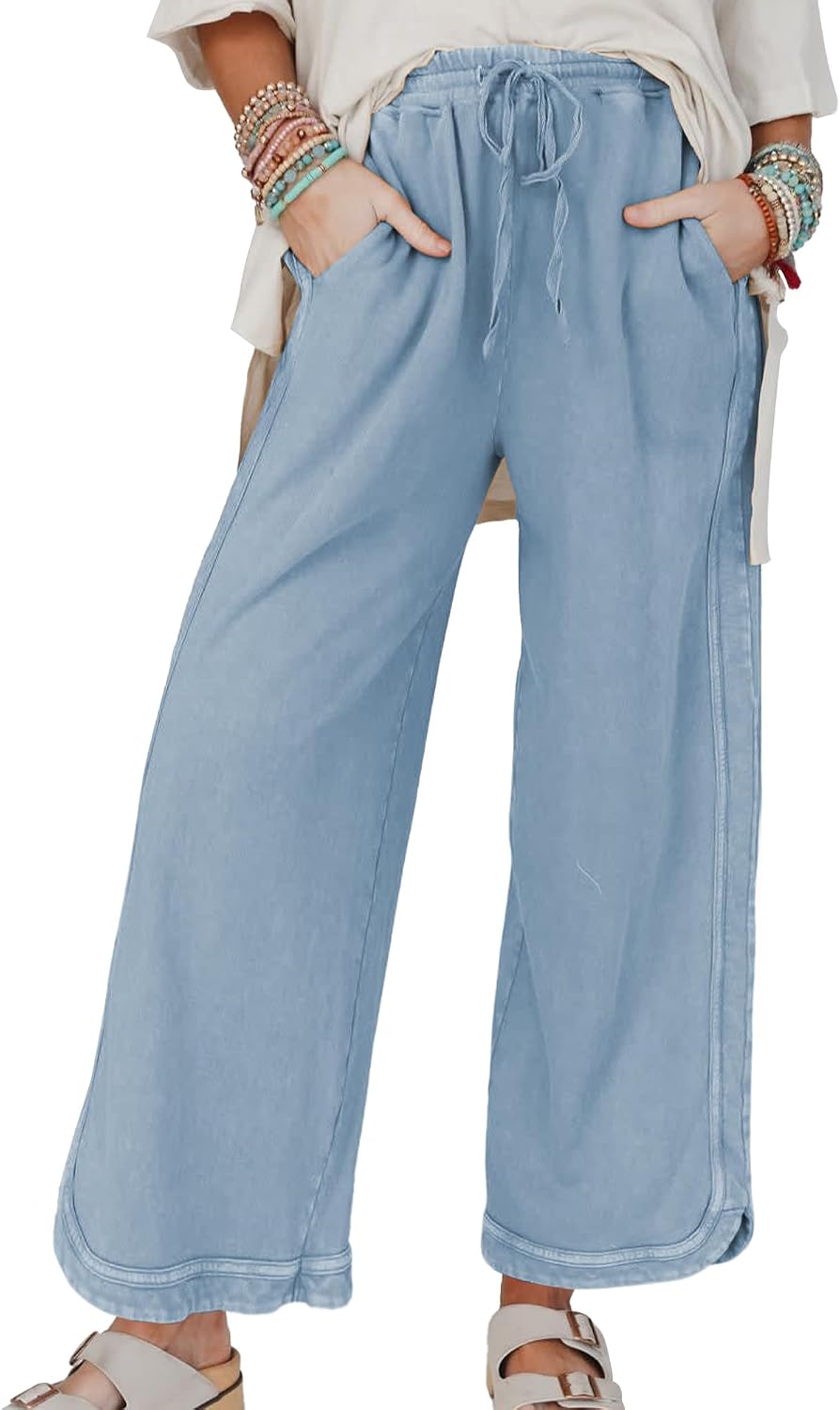 615LfkSK2EL._AC_SL1500_.jpg Women Casual Wide Leg Sweatpants High Waist Baggy Acid Wash Pants Drawstring Athletic Pants with Pockets - Image 1