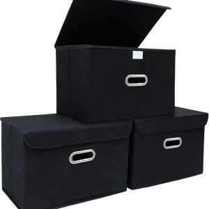 Fabric Storage Cube Bins, Foldable Organizer Containers, Collapsible Baskets with Lids and Metal Handles, for Home, Bedroom, Closet (Black, 3-Pack)