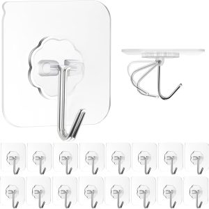 Adhesive Wall Hooks for Hanging, 16-Pack Self-Sticky Hooks Heavy Duty 22 lb Clear, Removable Shower Hook, No Damage for Towel, Key, Coat, Wreath, Picture, Outdoor, Ceiling, Bathroom, Kitchen, Waterproof