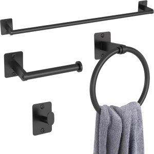 Bathroom Hardware Set, 4-Piece Set with 24-Inch Towel Bar, Towel Racks, Robe Towel Hooks, and Toilet Paper Holder, Wall Mounted (Matte Black)