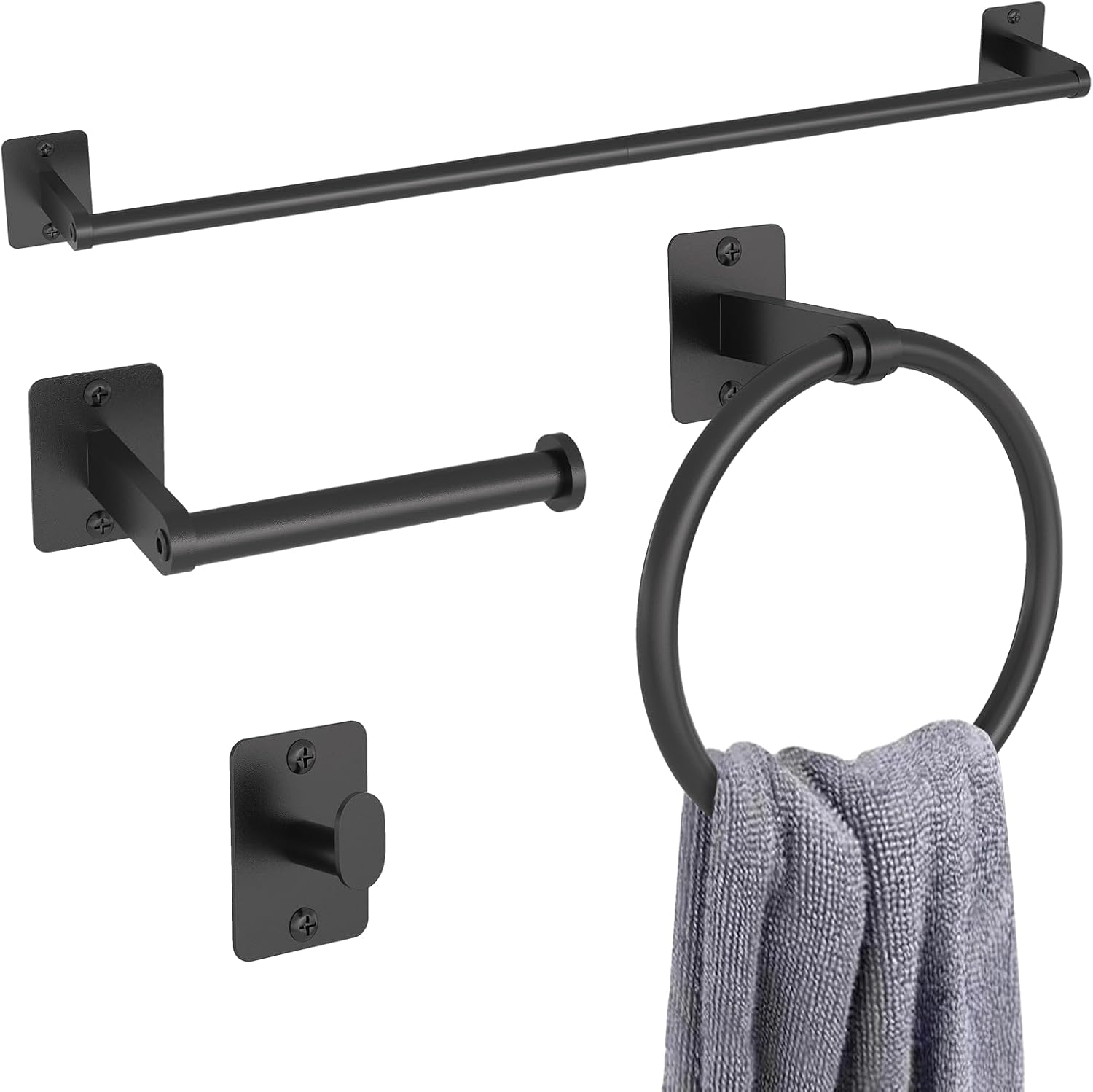 Bathroom Hardware Set, 4-Piece Set with 24-Inch Towel Bar, Towel Racks, Robe Towel Hooks, and Toilet Paper Holder, Wall Mounted (Matte Black)
