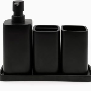 Bathroom Accessory Set, 4-Piece Vanity Countertop Accessory Set with Lotion Dispenser Soap Pump, Tumbler, Toothbrush Holder, and Tray (Matte Black)