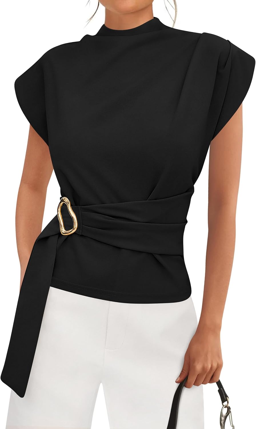 61W5mSpvLLL._AC_SL1500_.jpg Women Blouses Spring Dressy Cap Sleeve Mock Neck Work Shirts Buckle Summer Business Casual Tops - Image 1