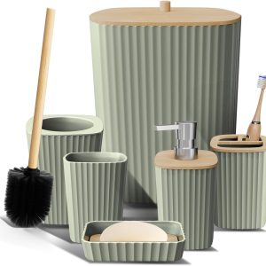 Bathroom Accessory Set, 6-Piece Set with Toilet Brush, Trash Can, and Soap Dispenser (Sage Green)