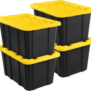 4-Pack 27 Gallon Industrial Storage Tote, Heavy-Duty Plastic Bins with Lids, Black/Yellow, Stackable Utility Organizers for Garage, Camping Tools, and Outdoor Gear