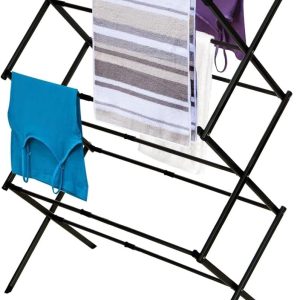 3-Tier Expandable Collapsing Foldable Laundry Rack for Air Drying Clothing, Space-Saving, Heavy-Duty Lightweight Metal Drying Rack (Black)