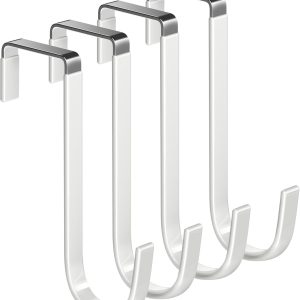 Over-Door Steel Hooks, 4-Pack, Fits 1-3/8" Door, 5.5" White, Plastic Coated Rubber Feel, No Damage, No Scratch, Heavy Duty for Towel, Robe, Coat, Shoe, Wreath