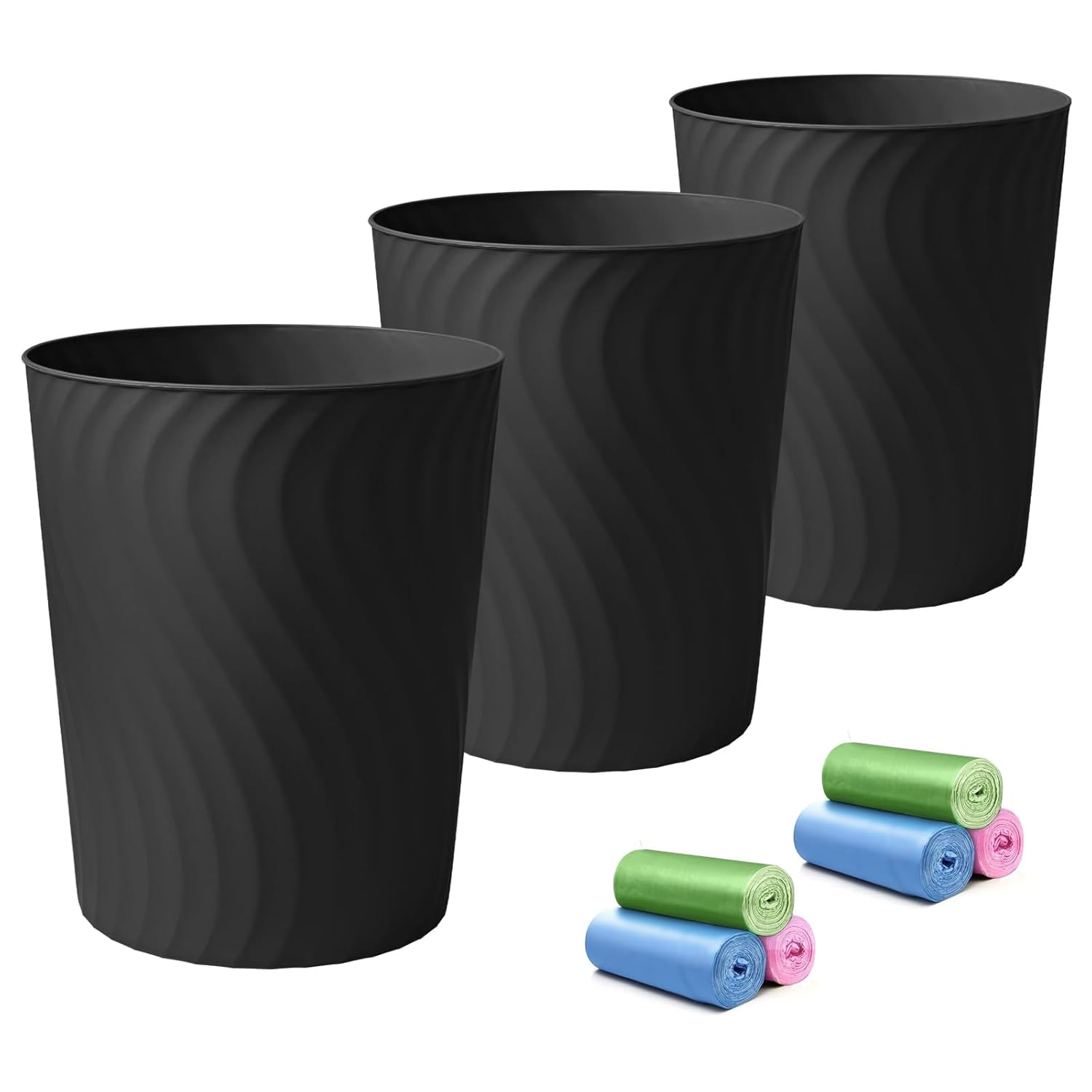 Small Trash Can, 3-Pack 1.8 Gallon Bathroom Trash Can, Slim Waste Basket, Round Garbage Can, Plastic Trash Bin for Kitchen, Dorm, Bedroom, Office, Living Room, Compact Spaces (Black)