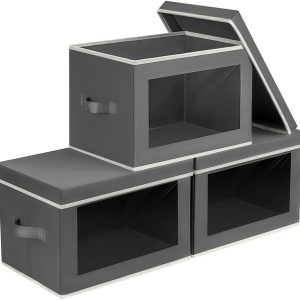 Fabric Storage Bins with Lids and Window, Collapsible Closet Organizers with Handles, 3-Pack Decorative Bins for Clothes, Hats, Books (Dark Grey)