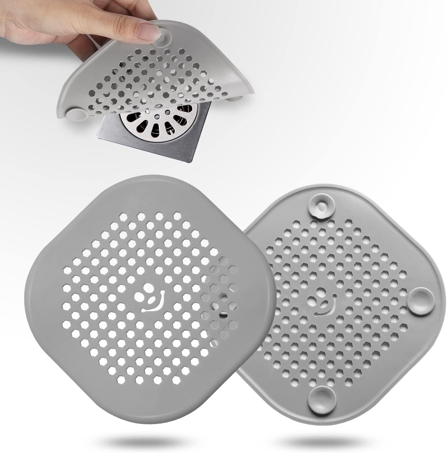 Drain Hair Catcher, 2-Pack Silicone Bathroom Accessories Shower Drain Protector, Sink Drain Strainer Hair Stopper for Shower, Kitchen, Bathroom, Tub (Grey)