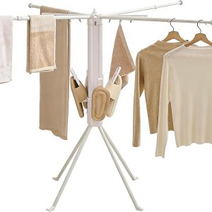 4-Leg Clothes Drying Rack, Portable and Foldable Space-Saving Laundry Rack with 4 Rods and 16 Clips, Floor-Standing for Balcony, Bedroom, Household