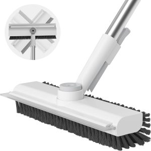 Floor Scrub Brush with Long Handle, 3-in-1 Scrape and Heavy-Duty Stiff Bristle Scrubber Broom for Cleaning Shower, Bathroom, Patio, Pool, Garage, Kitchen, Wall, and Deck (White, 1-Pack)