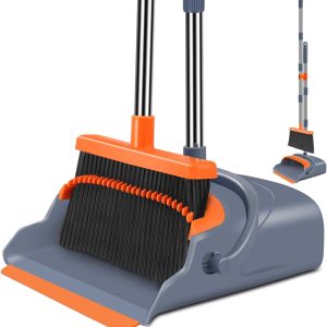Broom and Dustpan Set, Self-Cleaning with Dustpan Teeth, Indoor & Outdoor Sweeping, Ideal for Pet Hair, Stand-Up Design (Gray & Orange)