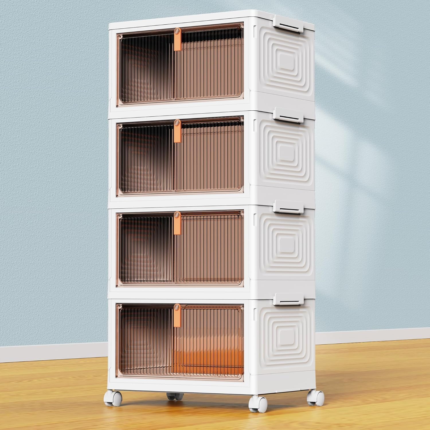 4-Tier Plastic Storage Bins with Lids, 23 Quart, Stackable Containers with Wheels, Folding Storage Boxes for Living Room, Office, Dorm