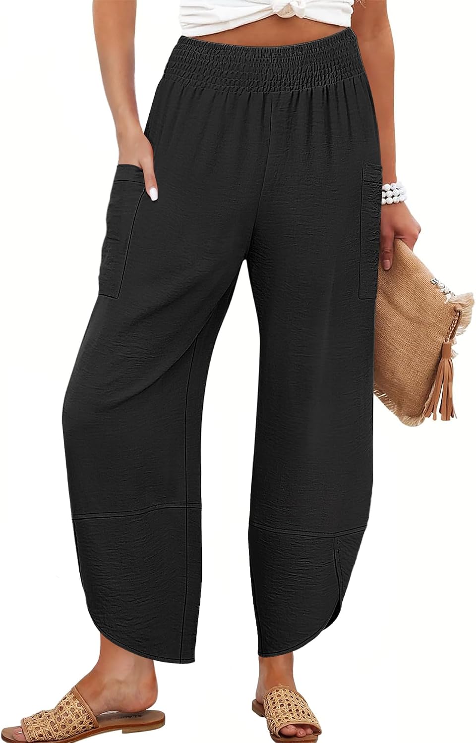 717y6L5LZAL._AC_SL1500_.jpg Women Wide Leg Capri Pants Summer Casual High Waisted Barrel Lounge Flowy Cropped Beach Work Trousers - Image 1