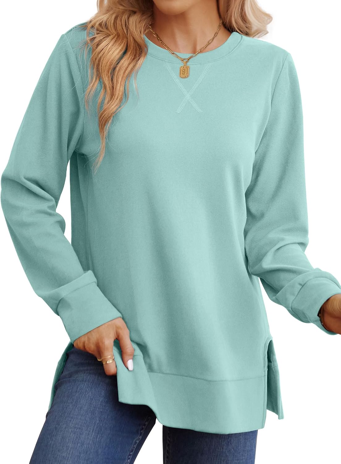 7188pgyfEsL._AC_SL1500_.jpg Sweatshirt for women Side Split Fall Fashion Long Sleeve Shirts Trending Now - Image 1