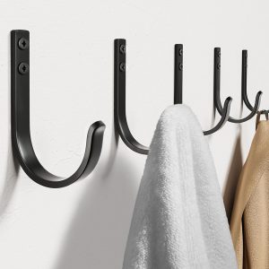Wall Hooks for Hanging Towel and Coat, 22 lb Screw-in Metal Hanger Wall Mount, for Outdoor, Closet, Door, Bathrooms, Backpack, Robe, 5-Pack (Black)