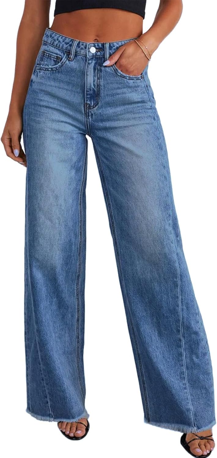 71COA9r5sYL._AC_SL1500_.jpg Women Wide Leg Jeans High Waisted Stretchy Raw Hem Denim Pants - Image 1