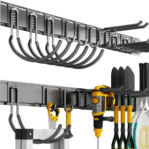 Shed Tool Organizer Wall Mount, 64-Inch Heavy Duty Garden Tool Organizer Storage System with 10 Adjustable Hooks, for Garage, Basement, Shed, Workshop (Black)