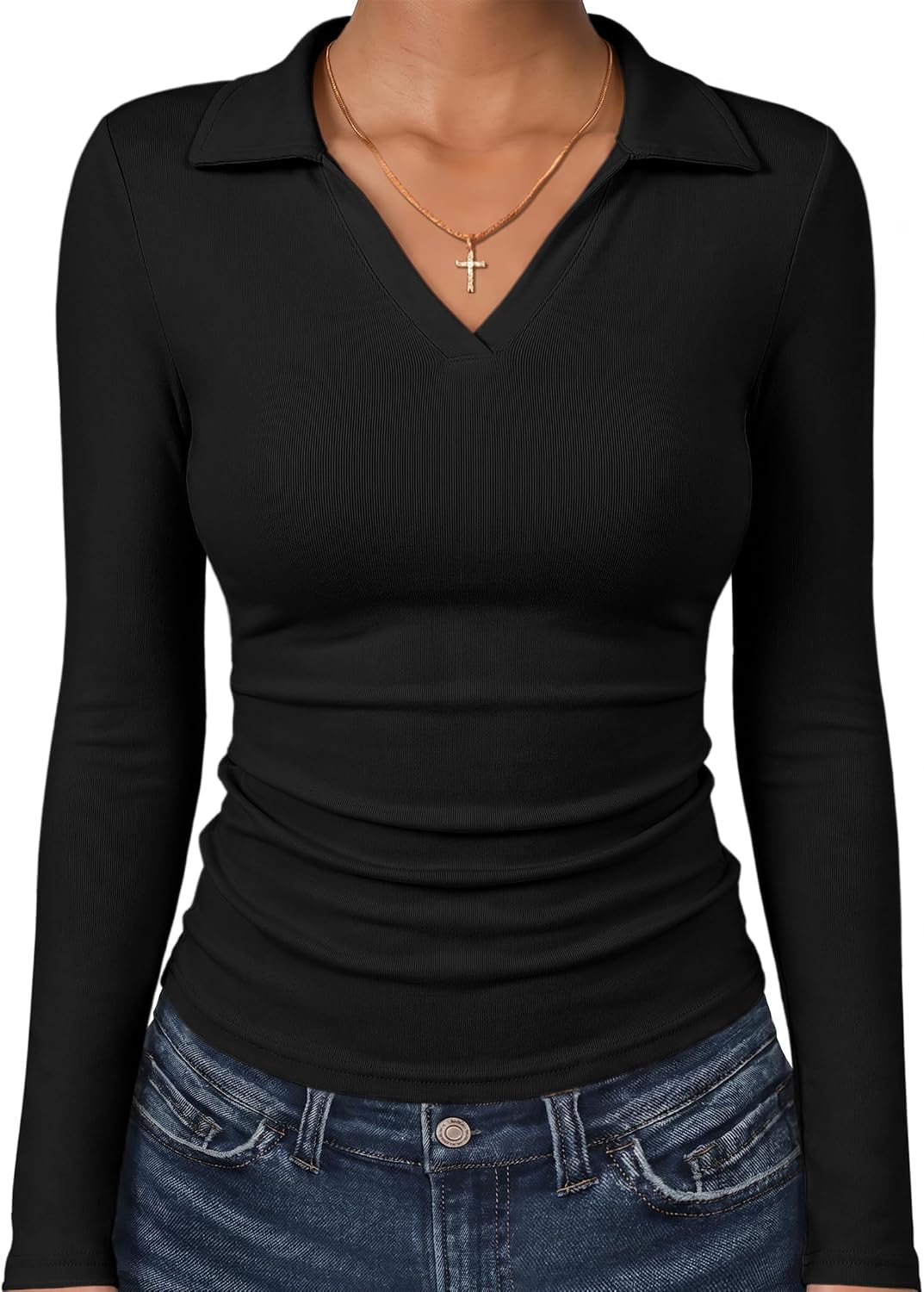 71Ll8VzvZ2L._AC_SL1500_.jpg Women Long Sleeve Fitted Polo Shirts | Fleece Soft Warm,V Neck Collared,Slim Work Tops,Soft,Dressy Business Casual Outfits,Office Daily Wear, Fall Winter Transition - Image 1