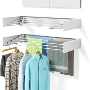 Wall-Mounted Clothes Drying Rack, 31.5" Foldable Collapsible Laundry Rack, Heavy-Duty 60 lb Capacity, Hidden Space Saver with Wall Template, for Laundry Room, Balcony (White)