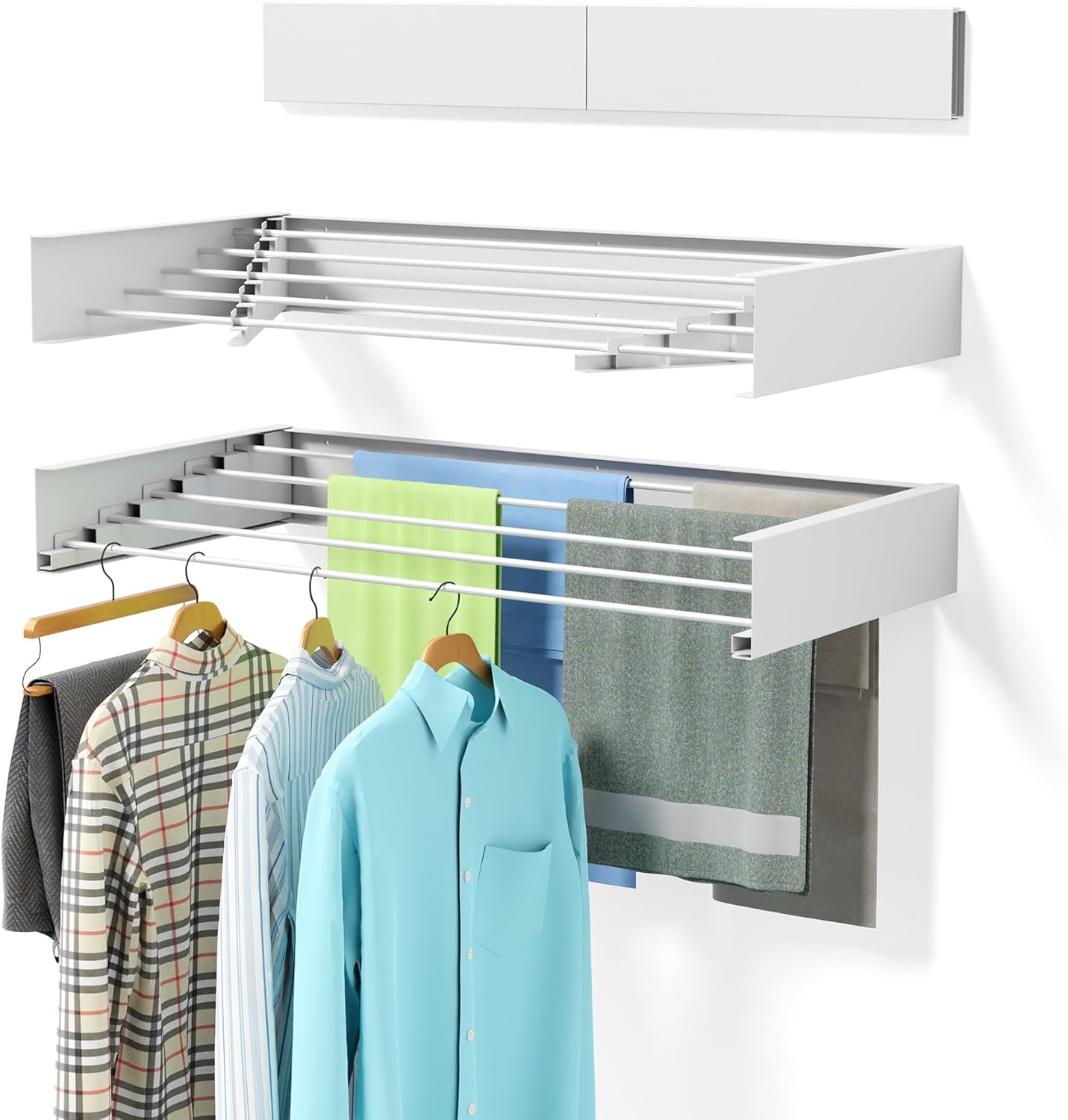 Wall-Mounted Clothes Drying Rack, 31.5" Foldable Collapsible Laundry Rack, Heavy-Duty 60 lb Capacity, Hidden Space Saver with Wall Template, for Laundry Room, Balcony (White)