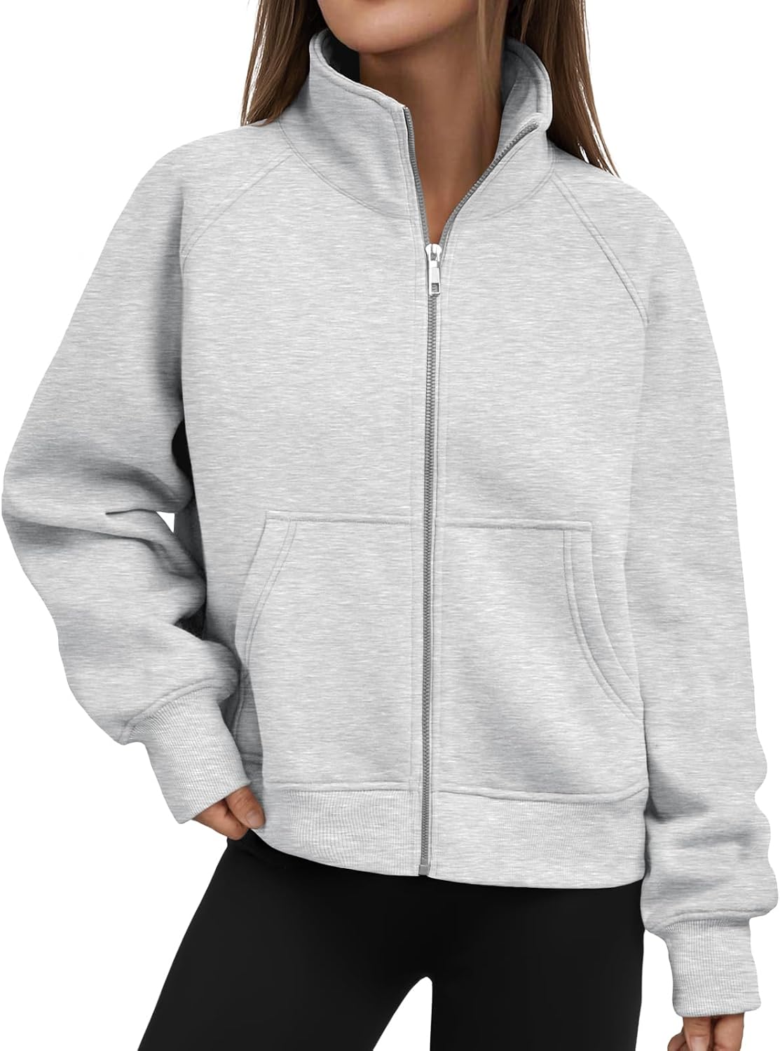 71R4Hq1XcxL._AC_SL1500_.jpg Women Zip Up Y2k Hoodies Cropped Sweatshirts Fall Fashion | No Hood Stand Collar Jacket with Pockets, Soft Fleece Layering Clothes, Airport Streetwear Loungewear Outfits - Image 1