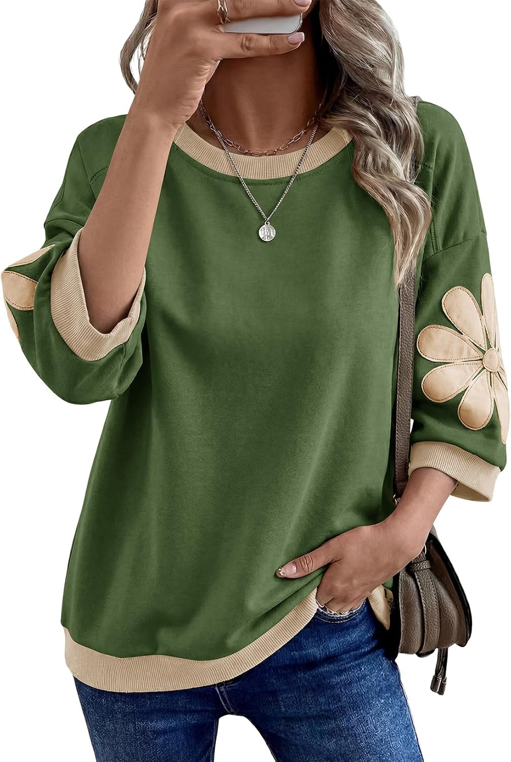 71SzjEbcS6L._AC_SL1500_.jpg Women Oversized 3/4 Sleeve Sweatshirt Floral Patch Crewneck Pullover Casual Tops - Image 1