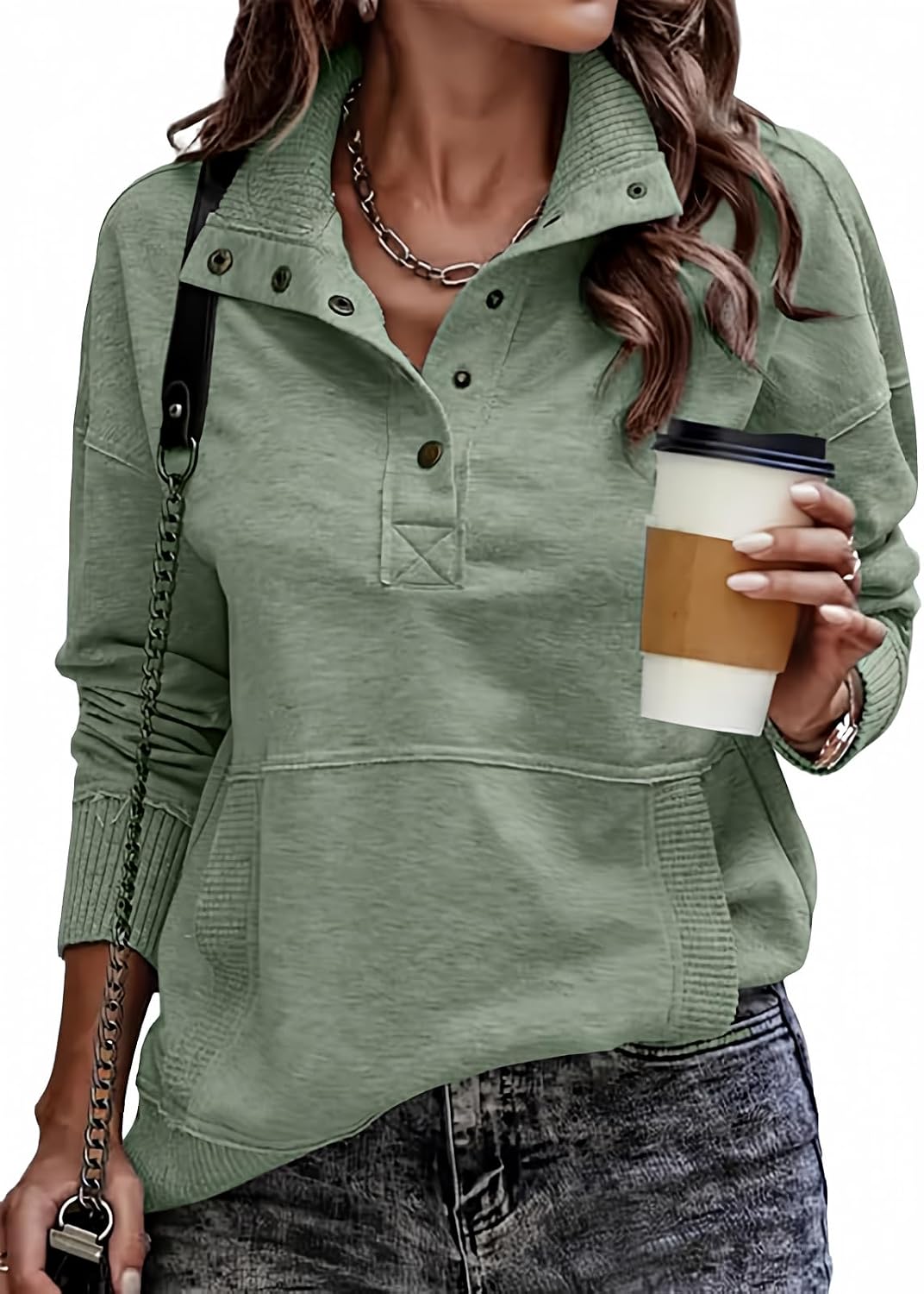71Wby-D1E0L._AC_SL1500_.jpg Women Casual Long Sleeve Stand Neck Sweatshirt Lightweight Button Drawstring Pullover Tops | Long Sleeve, V Neck, Button , Stand Neck, Lightweight , Spring, Clothes, Cruise, Plus Size, - Image 1