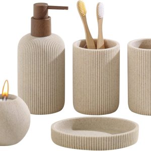 Bathroom Accessory Set, 5-Piece Sandstone Look Stripe Modern Bath Organizer with Soap Dispenser, Toothbrush Holder, Tumbler, Soap Dish, Candle Holder for Countertop, Kitchen Sink (Beige)