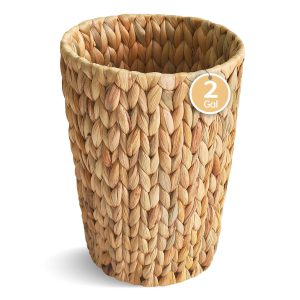Water Hyacinth Wicker Trash Can, Small Bathroom Waste Basket, Boho Style for Bedroom, Home Office, Compact Spaces (2 Gallon, Round)