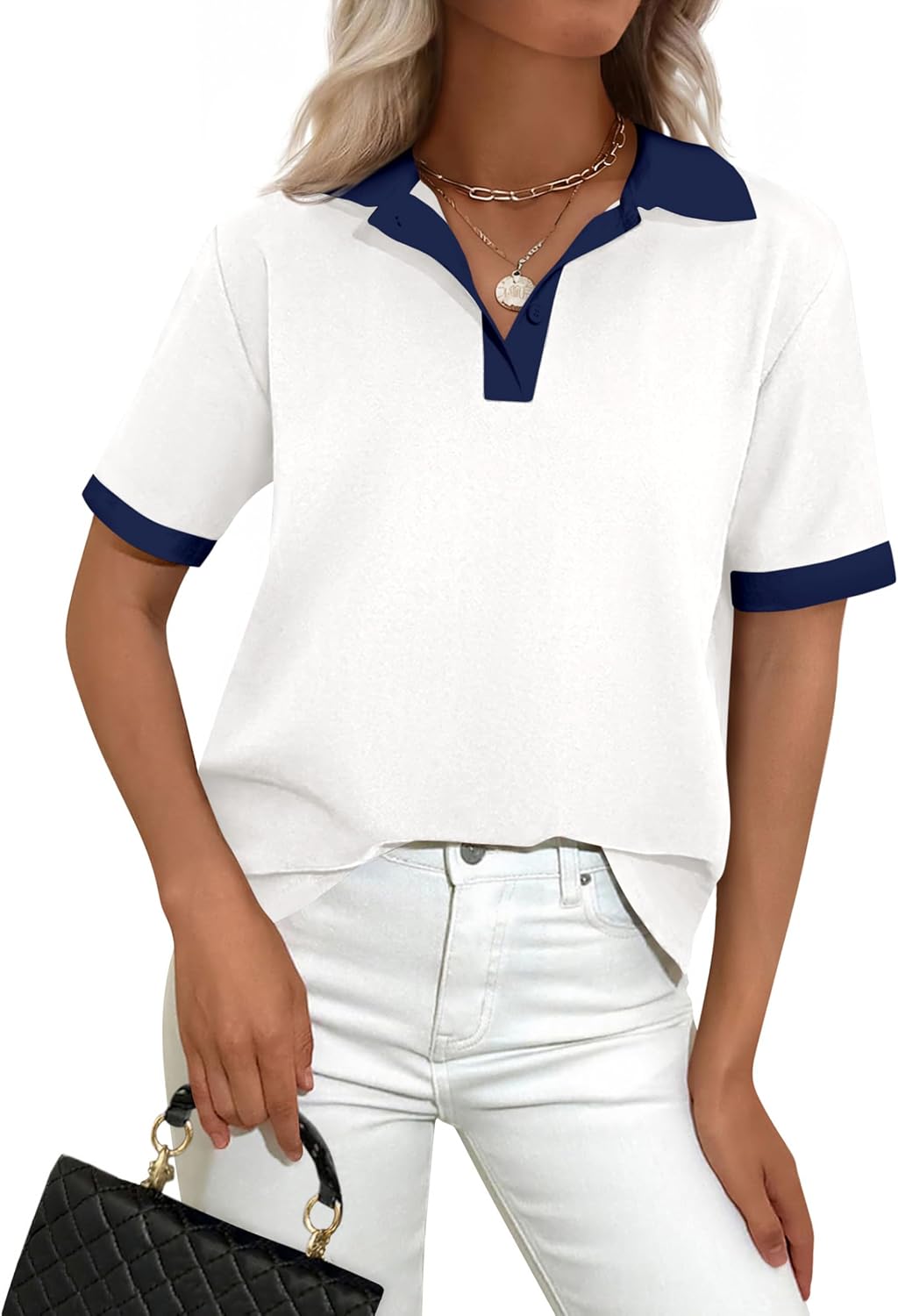 71Z0N2q-zkL._AC_SL1500_.jpg Summer Short Sleeve Polo Shirts for Women Collared V Neck Work Dressy Tops Knit Loose Business Casual Outfits - Image 1