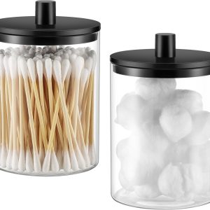 Glass Q-Tip Holder Dispenser, 10 oz Clear Canister Apothecary Jar, Bathroom Vanity Storage Organizer for Cotton Swabs, Pads, Floss Picks, Small Containers for Makeup Storage (2-Pack, Black)