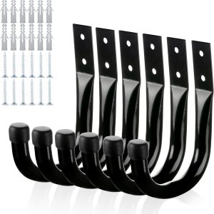 Metal Wall Hooks for Hanging Heavy Duty, 6-Pack Garage Organization and Storage Hook for Extension Cord, Tool, Coat, Backpack, Bag, Large Utility J Hooks, Black, for Outdoor & Indoor