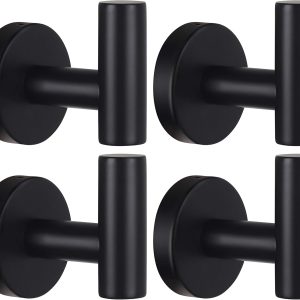 Towel Hooks Bathroom Coat Robe Wall Hook, Heavy Duty Door Hanger for Towel, Robe, Clothes, Cabinet, Closet, Sponges, 4-Pack (Black, Drilling Installation)