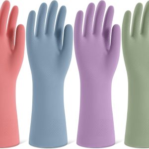 Rubber Cleaning Gloves for Dishwashing, 4 Pairs Reusable Kitchen Gloves with Flocked Lining and Non-Slip Grip, Colorful, Perfect for Women and Men - Size L