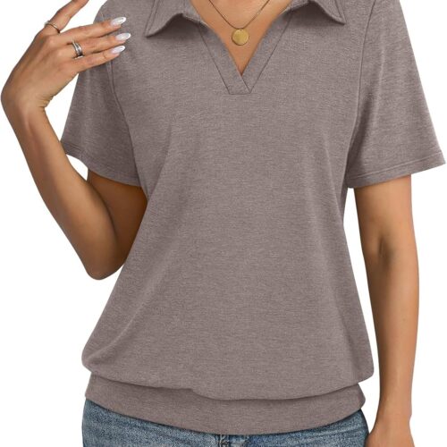 Women Polo Shirts Short Sleeve Banded Bottom Tops Business Casual Tops Collared V Neck Dressy Blouses