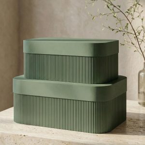 Decorative Storage Boxes with Lids - Set of 2 Fluted Photo Organizer Bins for Bookshelf Decor, Documents, Memory Box Items, and Keepsakes