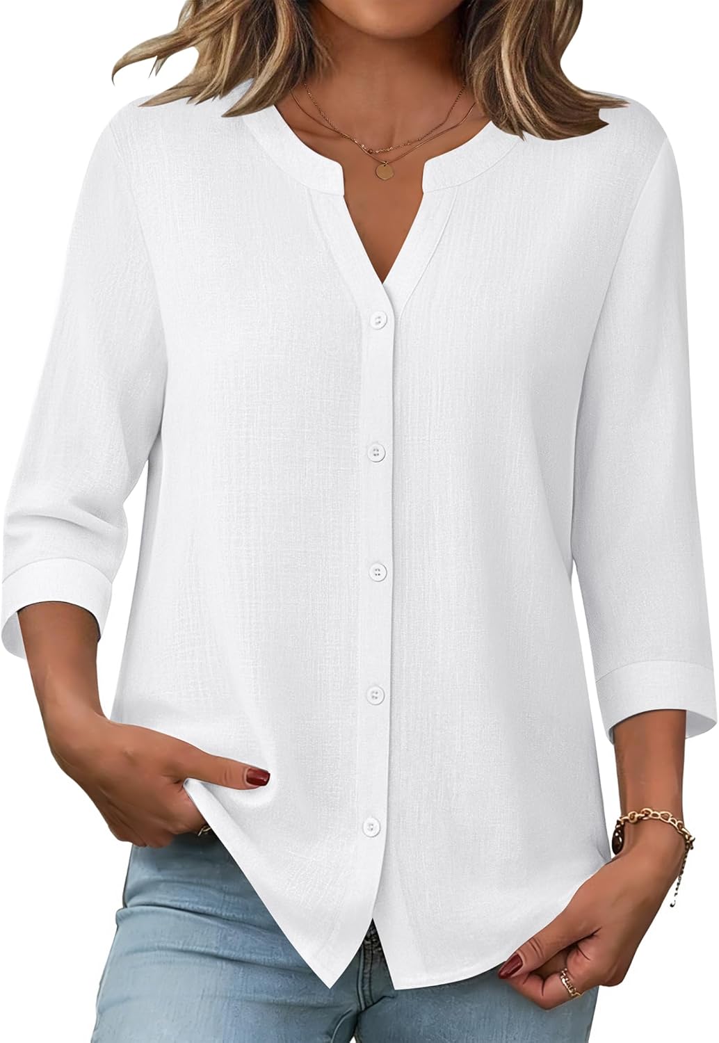 71xNImHtFWL._AC_SL1500_.jpg Button Down Shirts for Women 3/4 Sleeve Linen Cotton V Neck Tops Dressy Casual Loose Work Blouses - Image 1