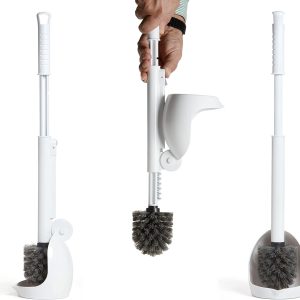 Toilet Brush with Holder, Drip-Free Hygienic Bathroom Scrubber with No-Drip Caddy, Built-in Spout, Fast-Drying Ventilated Design, Compact Toilet Cleaner for RV, Boat, Home (White)