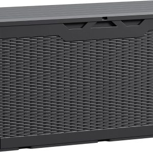 100 Gallon Waterproof Large Resin Deck Box, Indoor Outdoor Lockable Storage Container for Patio Furniture, Cushions, and Garden Tools (Black)