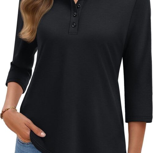 Polo Shirts for Women 3/4 Sleeve Tops Golf Tees 5-Button Collared Cotton Shirt Business Casual